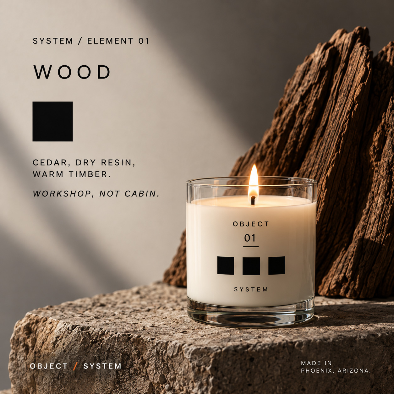 WOOD / Cedar, dry resin, warm timber. Workshop, not cabin.